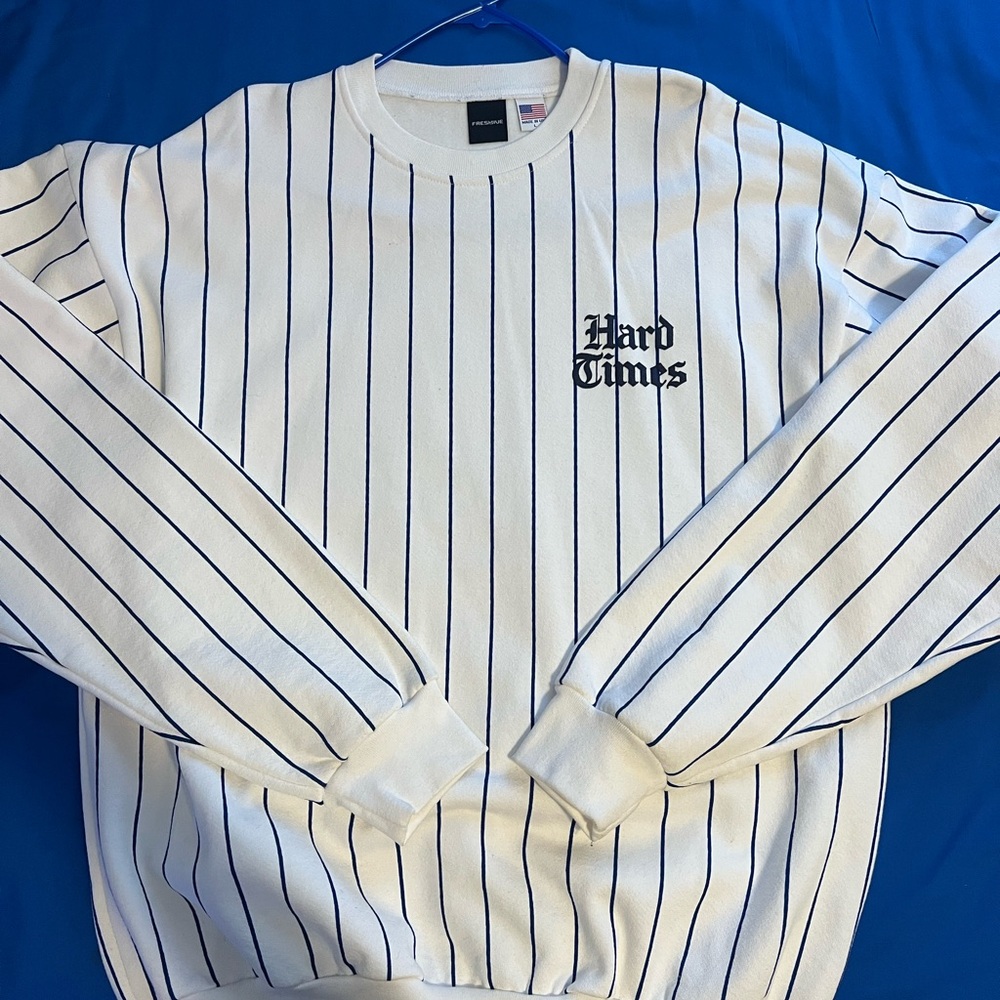 White and Blue Striped Crewneck Sweater